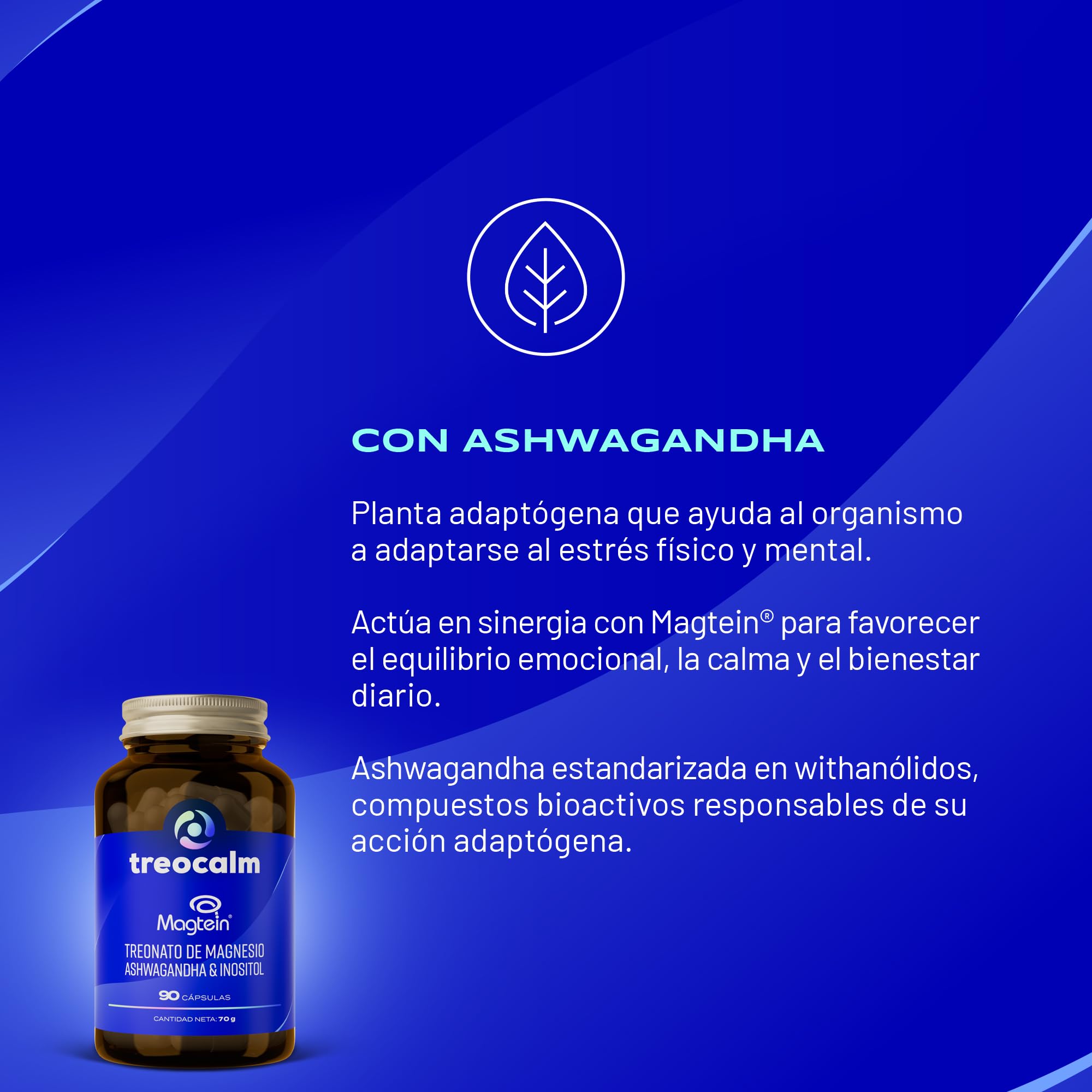 Treonato de Magnesio Magtein® 1500 mg, con Ashwagandha concentrada a 10 mg de Withanólidos e Inositol 900 mg – Fórmula para el bienestar mental y el equilibrio diario – 90 Cápsulas sin aditivos