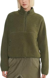 Womens Fleece Sweatshirts Cropped Half Zip Fuzzy Warm Sherpa Pullover Varsity Jackets with Zipper Pockets