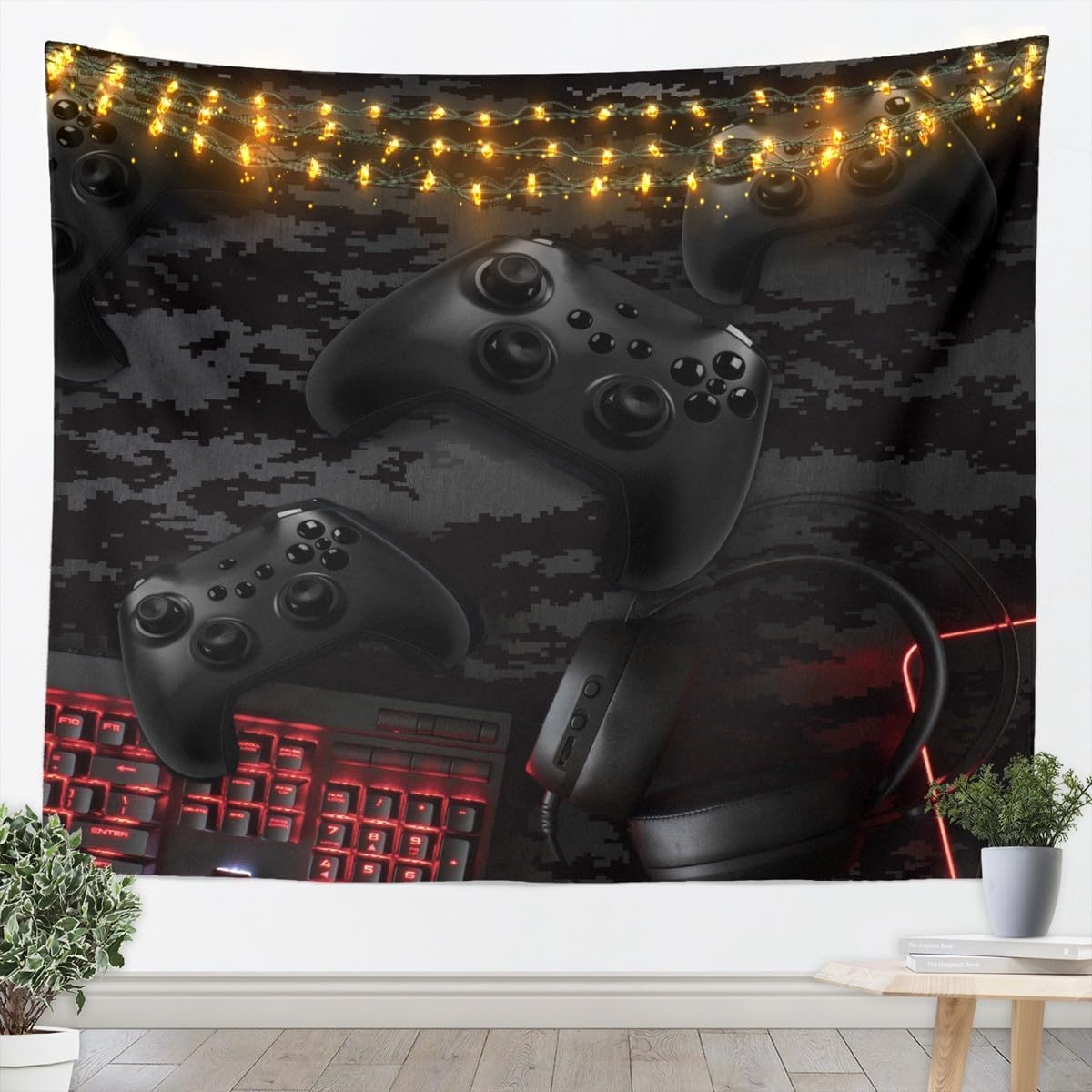 Manfei Gaming Gamepad Kids Tapestry,Camo Keyboard Headphone Wall Tapestries,Boys Girls Room Decor,Camoflage Videogames Controller Console Wall Hanging,Black Home Wall Decor,XLarge 70.9 x 92.5 Inches