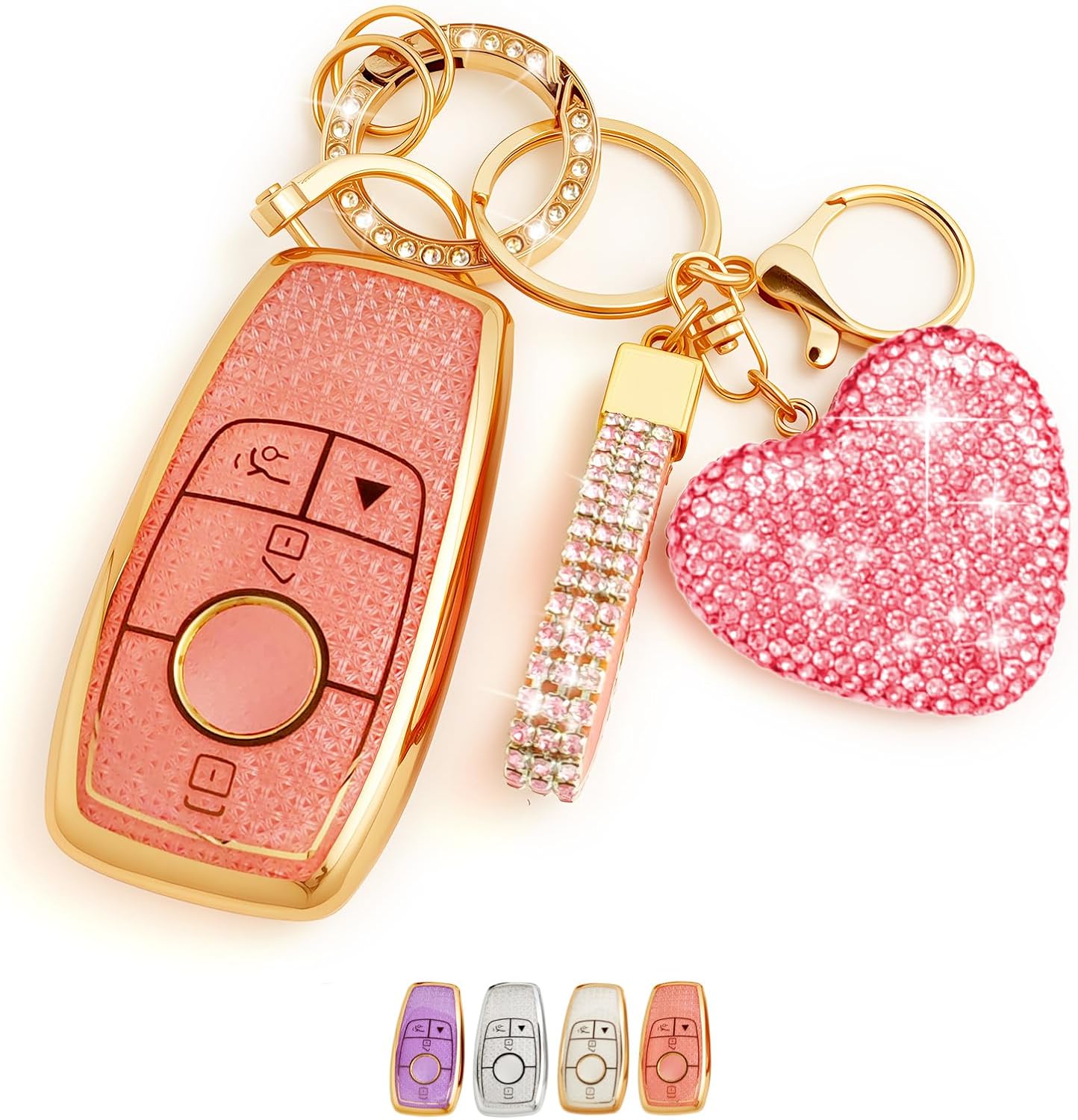 Key Fob Cover with Diamond, Compatible with Mercedes-Benz A C E S CLA CLS GLA GLB GLC GLS Class AMG G63 2017-2025, Sparkling TPU Key Case and Bling Heart Decoration for Women (Pink)
