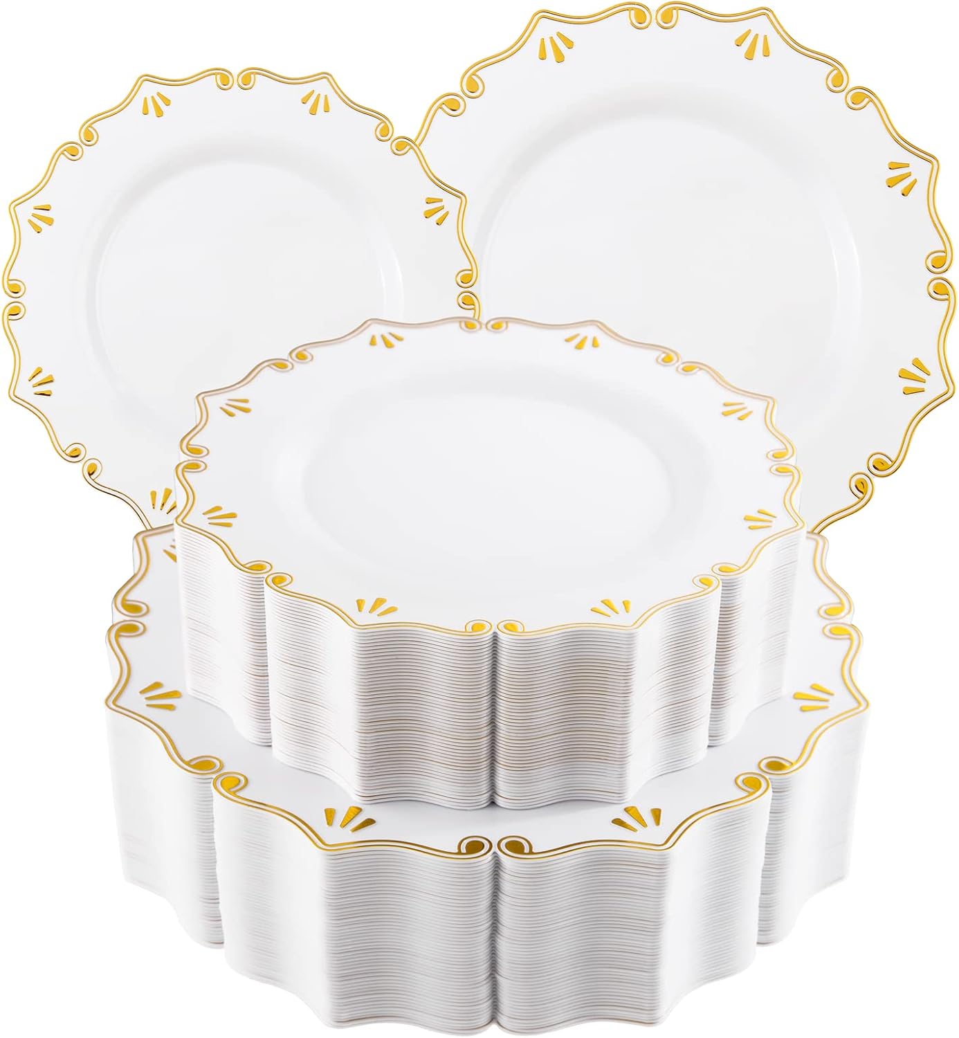 WELLIFE 102 PCS Gold Plastic Plates, White Plates with Gold