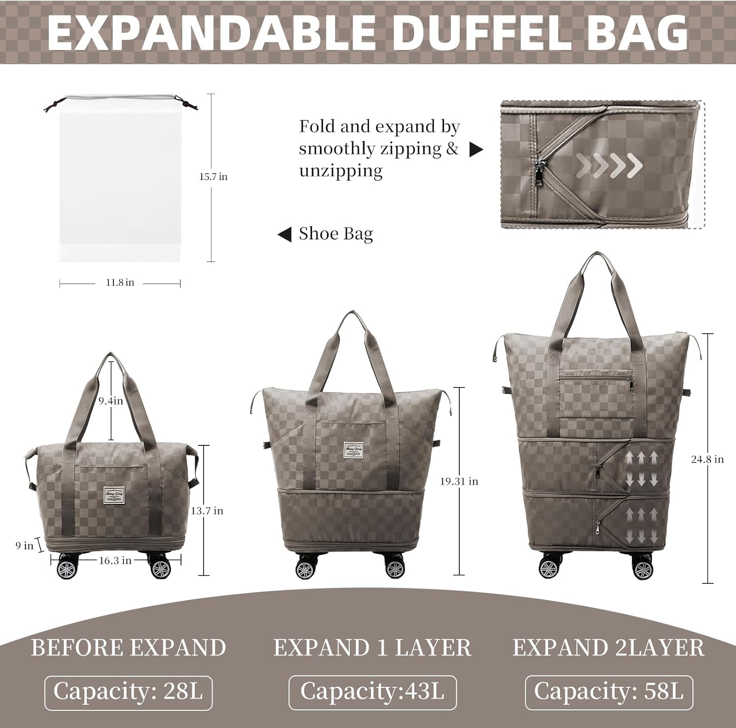 Rolling Duffle Bag with Wheels Expandable Foldable Travel Duffel Bag Checkerboard Carry on Luggage Bag Weekender Bag for Men Women - Image 3