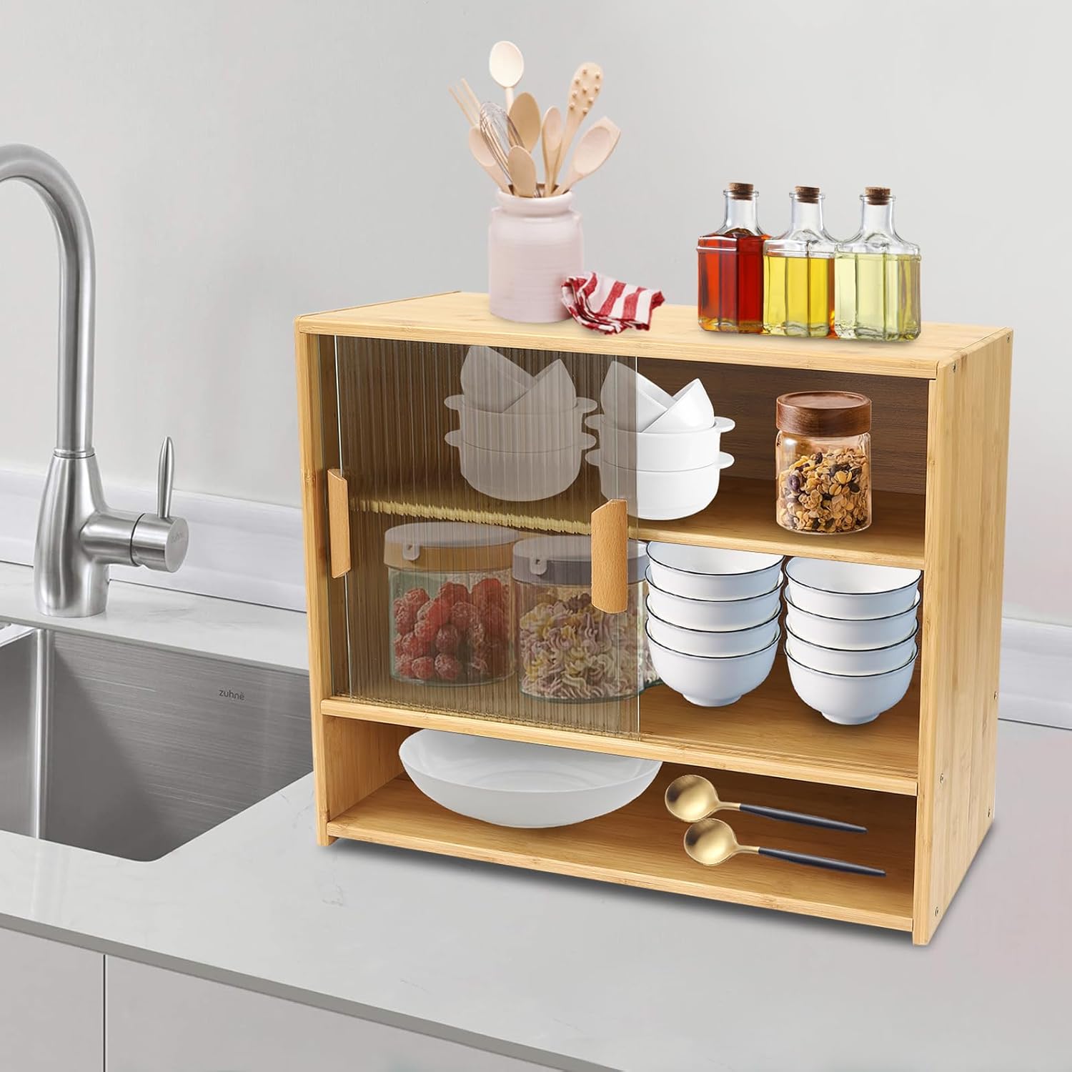 Small Bamboo Kitchen Pantry Sideboard with 2 Sliding Striped Glass Doors, Freestanding Countertop Storage Cabinet for Spice Seasoning Bottles, Dish, Bowl, Console Dining Cupboard (Log)