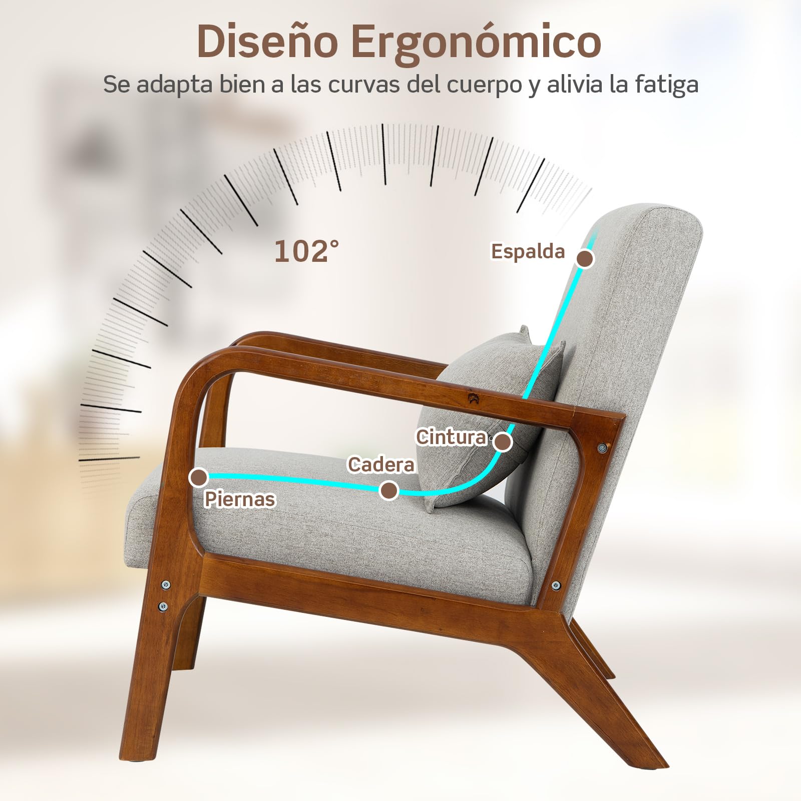 COSTWAY Silla Moderna de Madera, Butaca de Salon con Almohada Lumbar, Almohadillas de Fieltro Antideslizantes, Sillón de Lectura Tapizado en Tela, 79 x 65 x 77 cm (Gris)