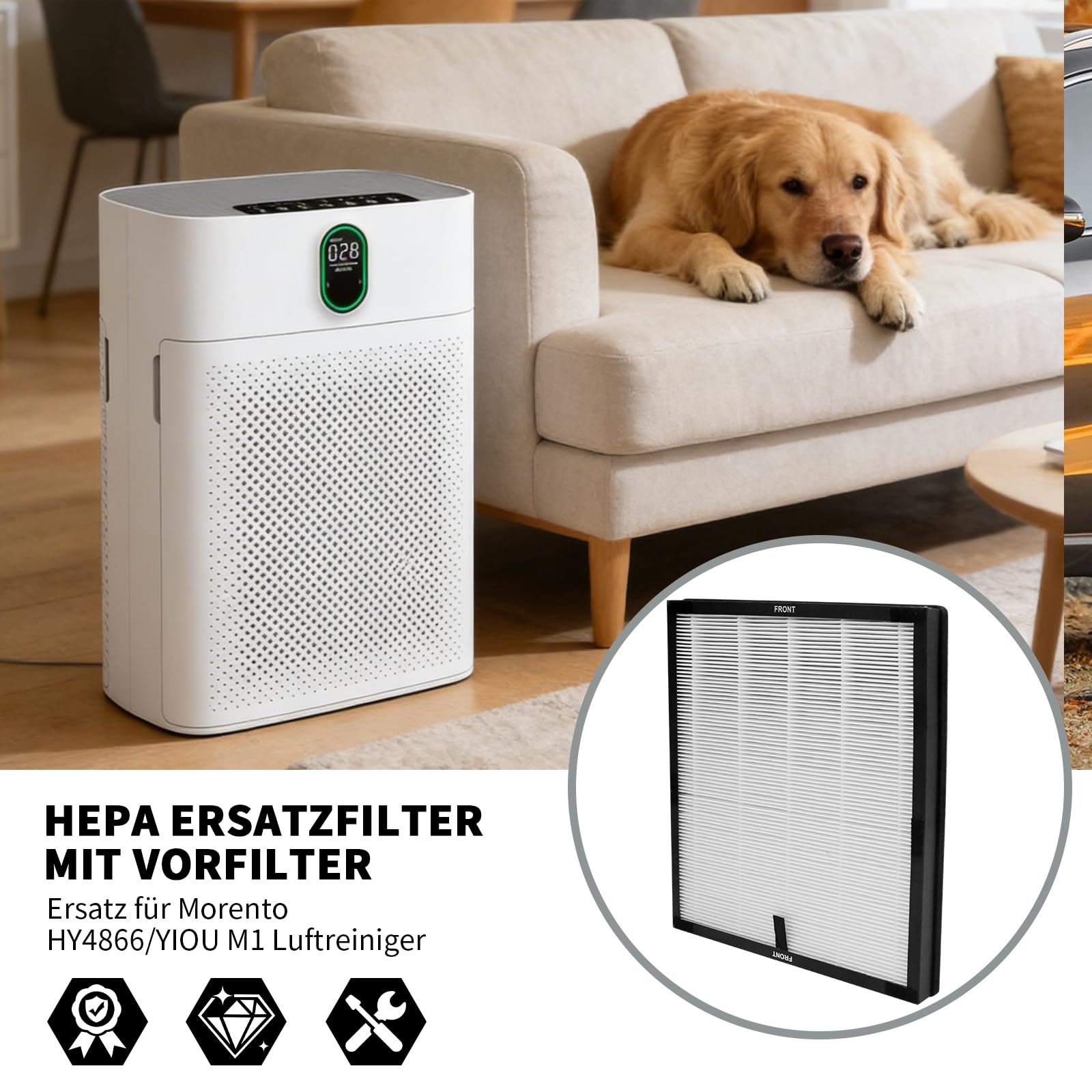 2 piezas H13 HEPA Filtro de repuesto con prefiltro, repuesto para purificador de aire Morento HY4866/YIOU M1, ideal para uso en casa y para propietarios de mascotas