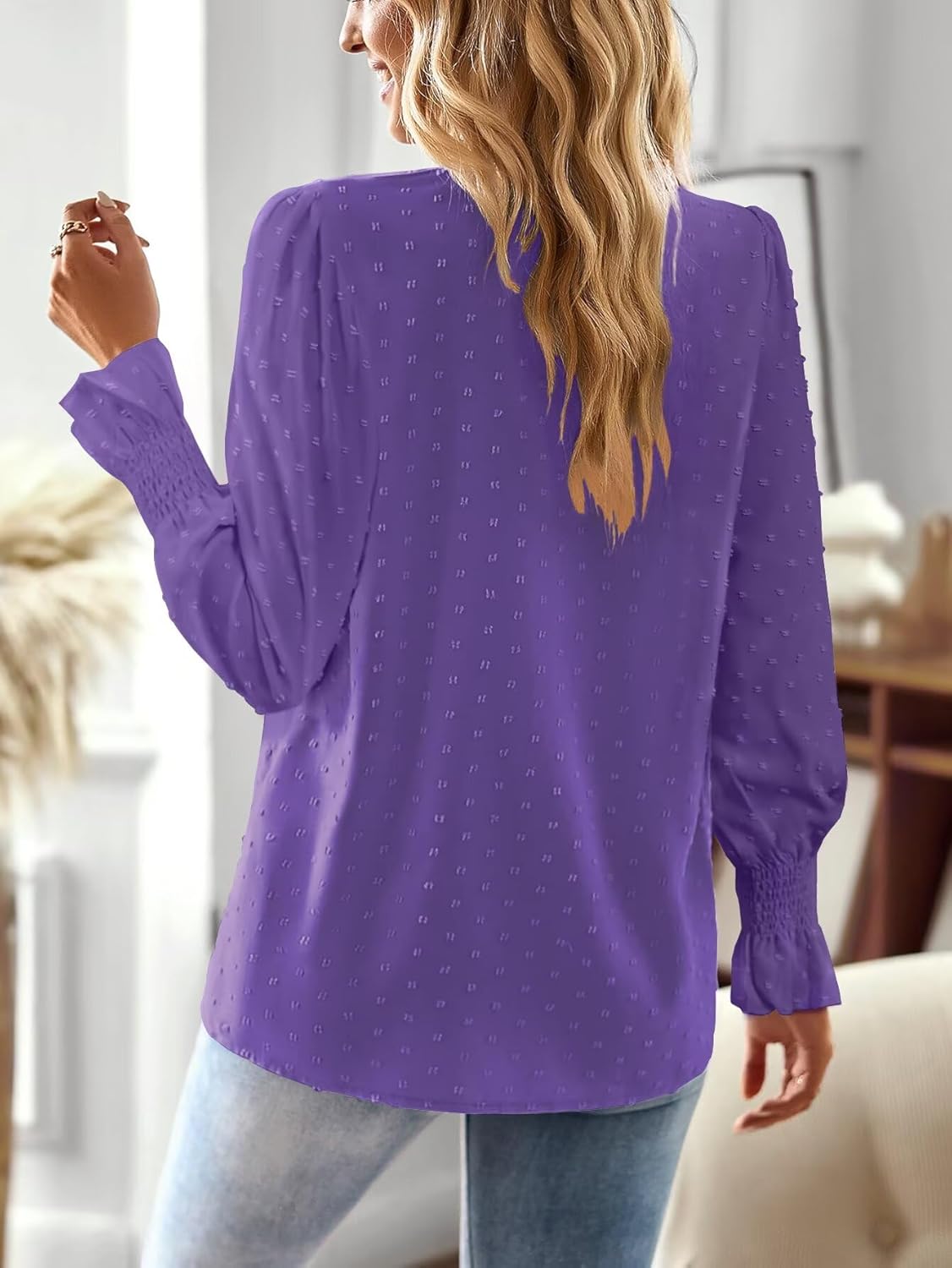 Boho Tops for Women V Neck Blouses Flowy Swiss Dot Dressy Casual Lace Womens Long Sleeve Shirts Trendy 2026 - Image 3