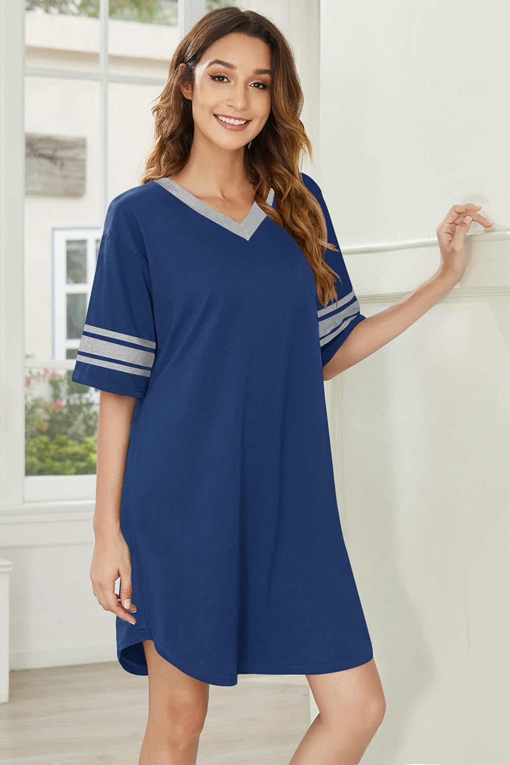 Ekouaer Nightgowns for Women 2 Pack Sleepshirts Short Sleeve Nightshirt V Neck Sleepwear Casual Pajama Dress - Image 2