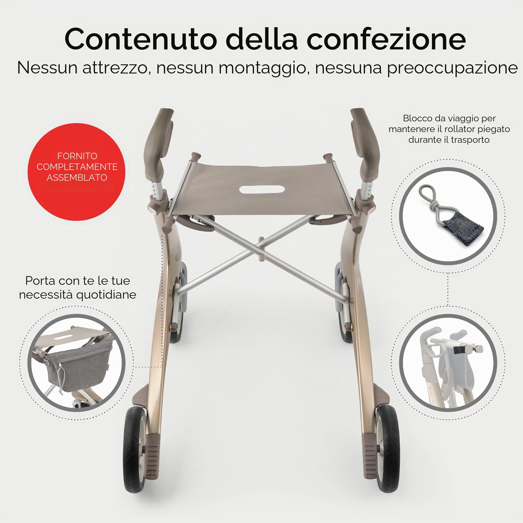 byACRE Deambulatore Carbon Ultralight, 4,9 kg, Comfort, Oro Champagne | Il deambulatore in carbonio più leggero al mondo con sedile per anziani, ultraleggero e pieghevole, interni ed esterni