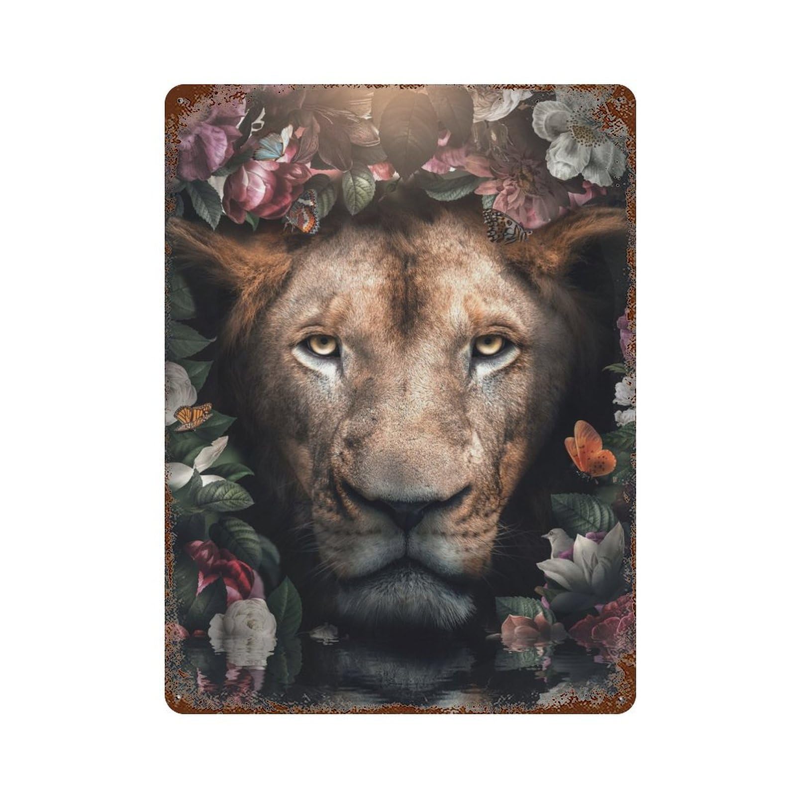 Flowered Lion 15.7"x11.8" Retro Metal Sign, Old School Wall Decor for Office, Studio And Wall Decor