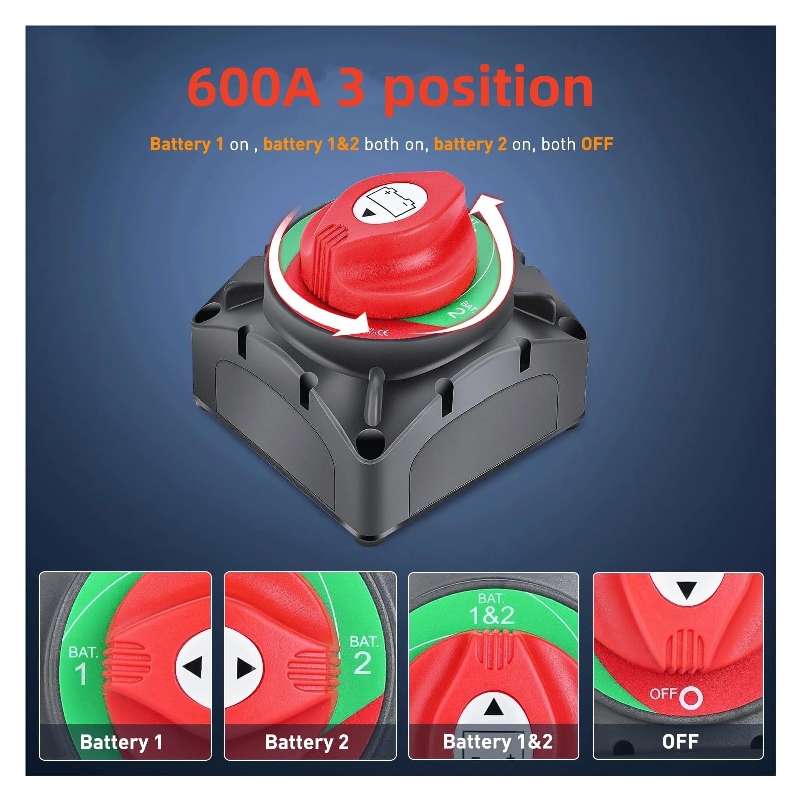 ZHGUIMING Interruptor de desconexión de batería automática, 12V, 24V, marino, 200A, 300A, 600A, interruptor de masa de batería Dual, interruptor de corte de 2 y 3 posiciones, coche y barco(3 position