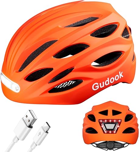 Gudook Casco de bicicleta con luz LED cascos de bicicleta para hombres, mujeres y adultos con luces delanteras y traseras, casco de ciclismo