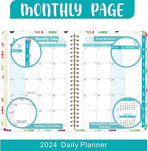 Miniatura 4 de Agenda 2024 semanal y mensual, agenda 2024 en espiral con pestañas mensuales, bolsillo trasero, calcomanías, agenda de tapa dura, tamaño A5, enero