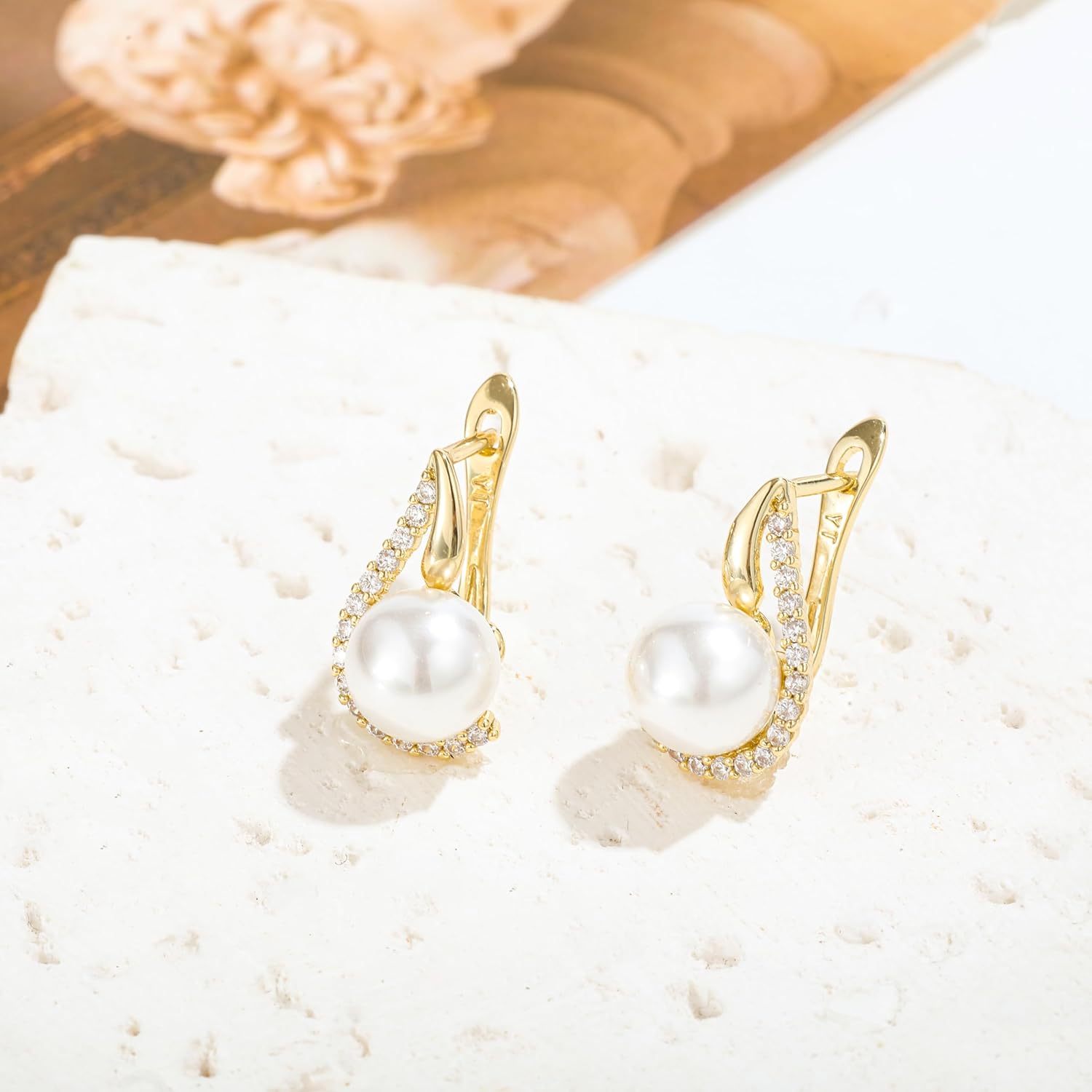 Ladies' Pearl Earrings - 14K Gold Plated/Pearl Drop-Style Fashionable Earrings - Wedding Jewelry - Suitable for Women to Wear - Image 5