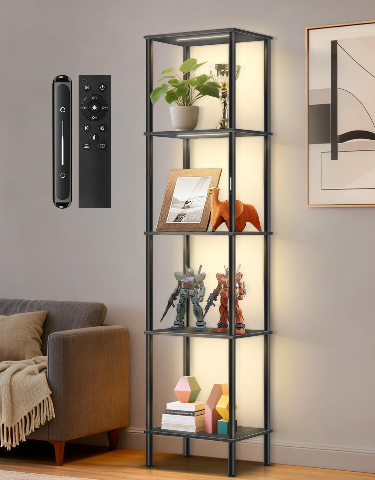 Stehlampe mit Regal, LED-Dimmbar, 3 Farbtemperaturen, Touch & Fernbedienung, Bücherregal mit Licht, Standregal aus Holz, Modernes Design für Wohnzimmer, Schlafzimmer, Büro(Schwarz)