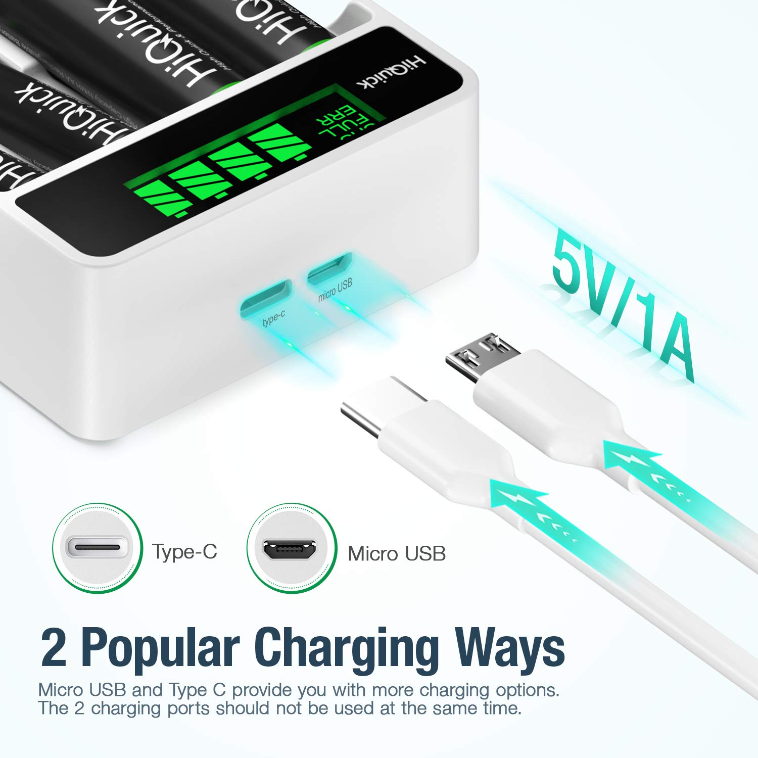 HiQuick AA AAA Battery Charger with LCD,4 Bay AA AAA Rechargeable Battery Charger Fast Charging 2 Input Methods Slots Design for 1.2V Ni-MH Ni-CD AAA and aa Rechargeable Batteries