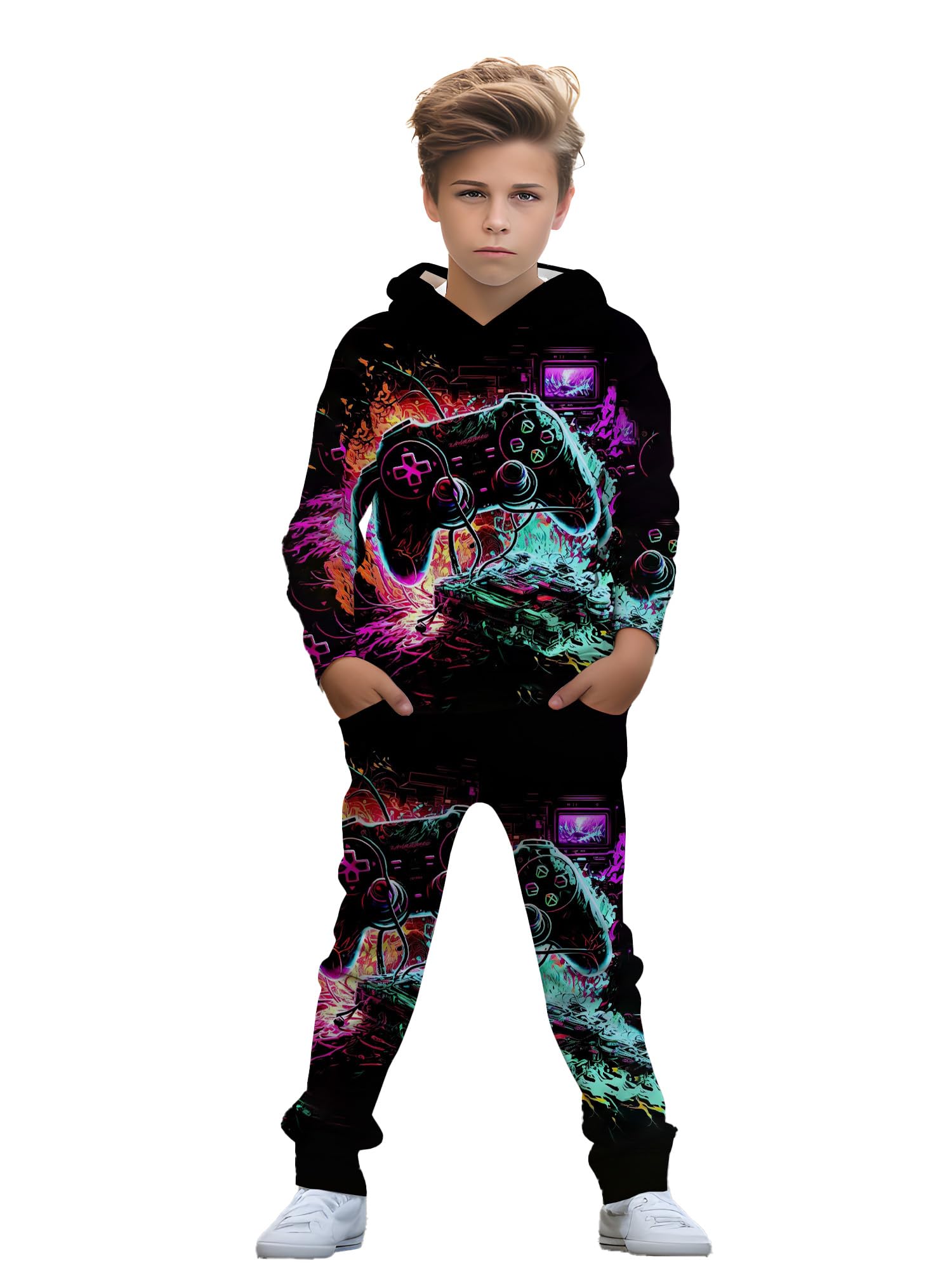Genericages 5-14, Casual Graphic Design For Comfortable Spring/Autumn Wear! Comfy Regular Fit Hoodie Top And Sweatpants Set,