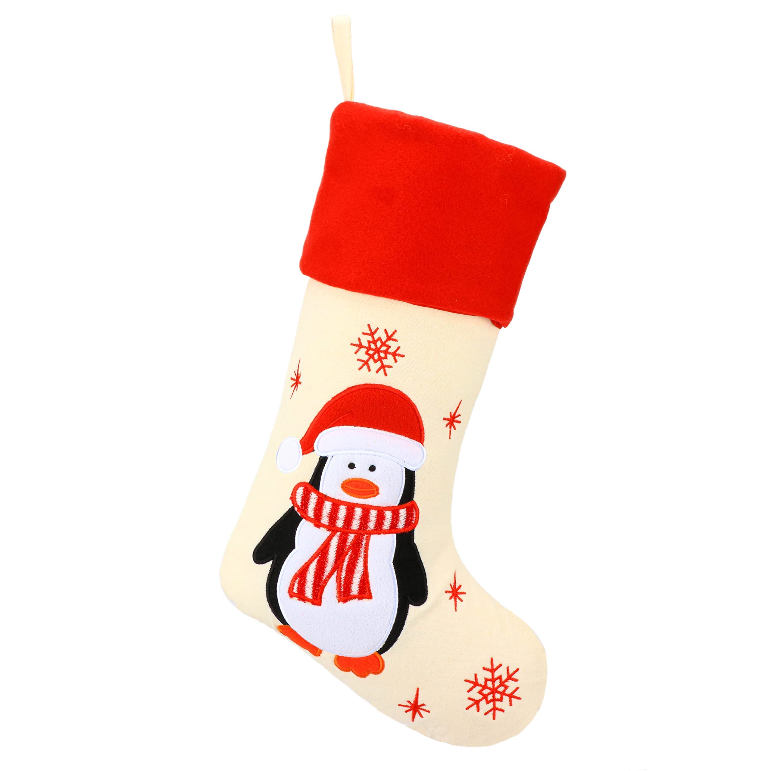 Hopearl Weihnachtsstrümpfe Set 4er - Rustikale Leinen Socken mit Weihnachtsmann, Schneemann, Rentier & Pinguin - 48 cm Geschenkbeutel für Weihnachtsbaum & Familienfeiern
