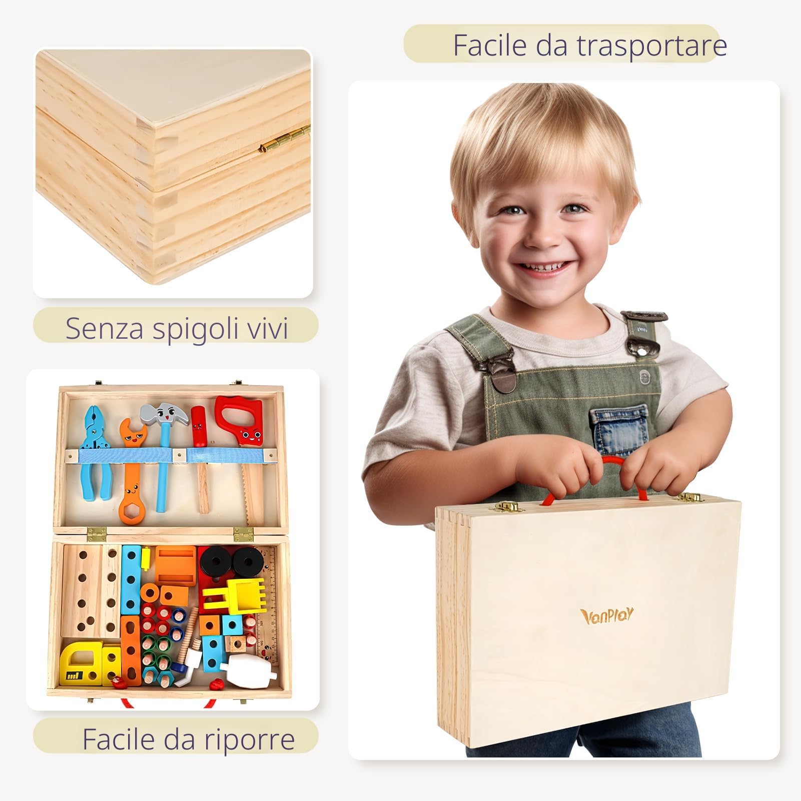 Vanplay Gioco Bambino 3 Anni Cassetta Attrezzi Bambini Giochi in Legno Attrezzi Giocattolo Giochi Educativi Giocattoli Bambino 3 4 5 Anni Regalo (53 Pezzi)