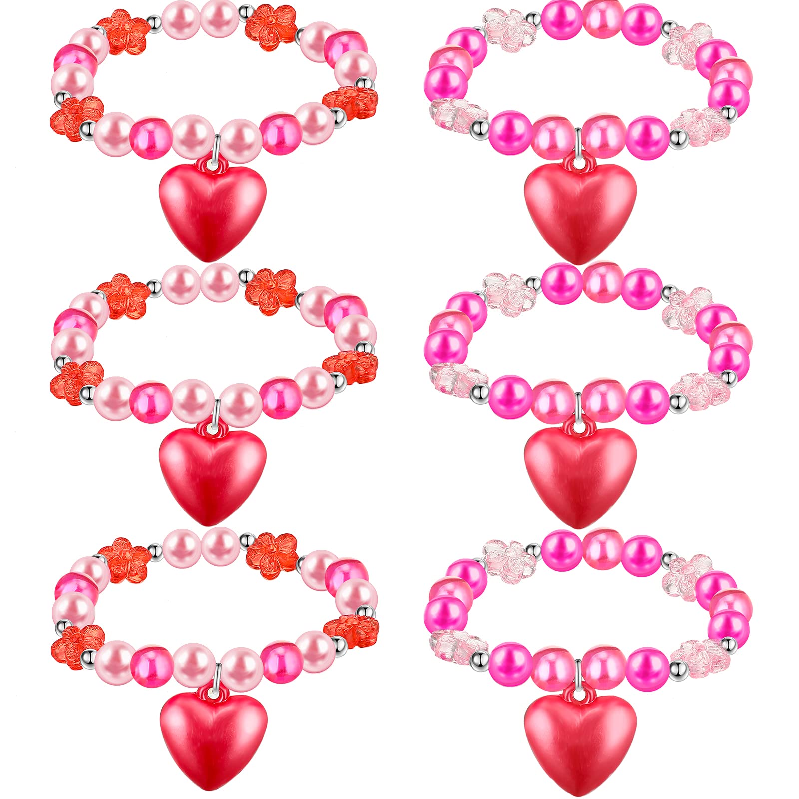 Mtlee 6 Pcs Valentine Day Girls Beaded Bracelets Cute Chunky Bubblegum Bracelets Heart Pendant Crystal Beaded Bracelet for Birthday Photo Props Costume Party Favors, Pink and Red