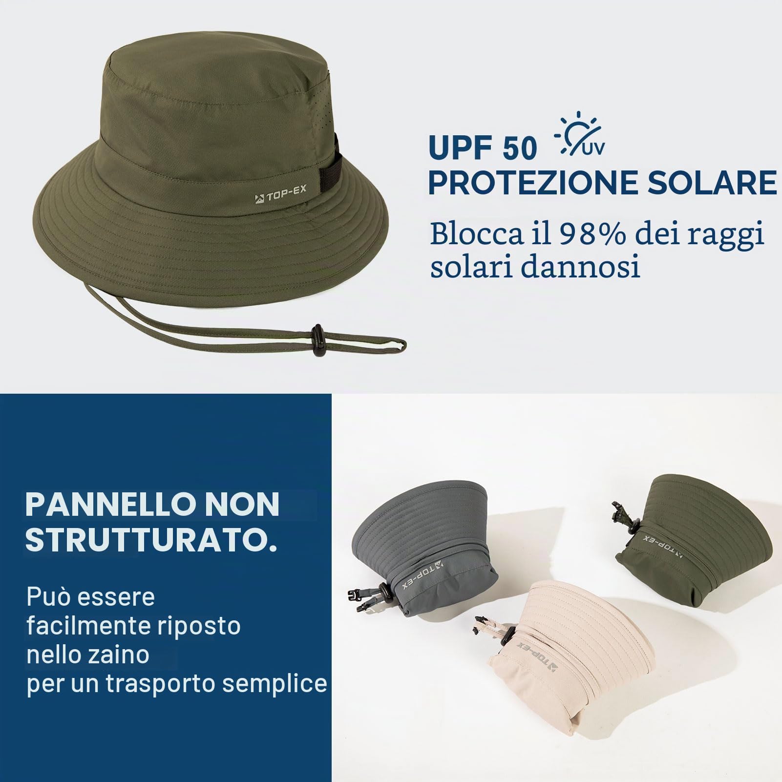 TOP-EX Cappello da pescatore da uomo, traspirante, protezione UV, cappello da sole da donna, estivo, per attività all'aria aperta, con tesa larga, pieghevole