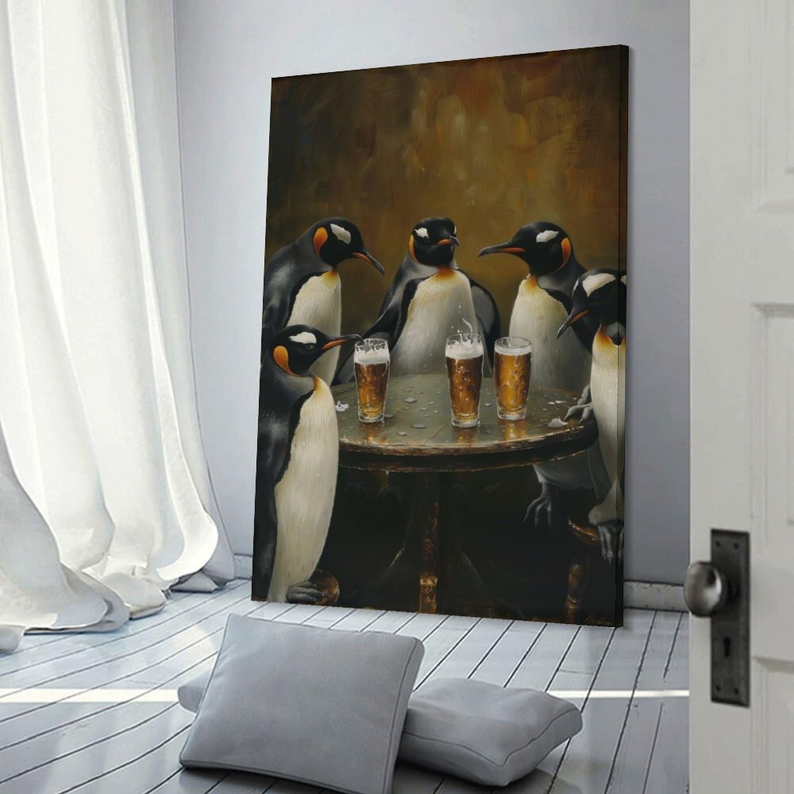 Junmoney Frame-Style-7 Wall Decor Canvas Print Penguins Beer In A Tavern, 20X30inch(50X75cm), For Living Spaces, Bedrooms Or Relaxed Rooms, A Home Accent With Warm Character