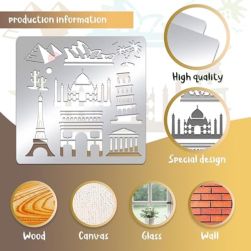 Miniatura 3 de BENECREAT Landmark Silhouette Elements - Plantilla de metal, 6 x 6 pulgadas, reutilizable, torre Eiffel, pirámides, plantilla de pintura para