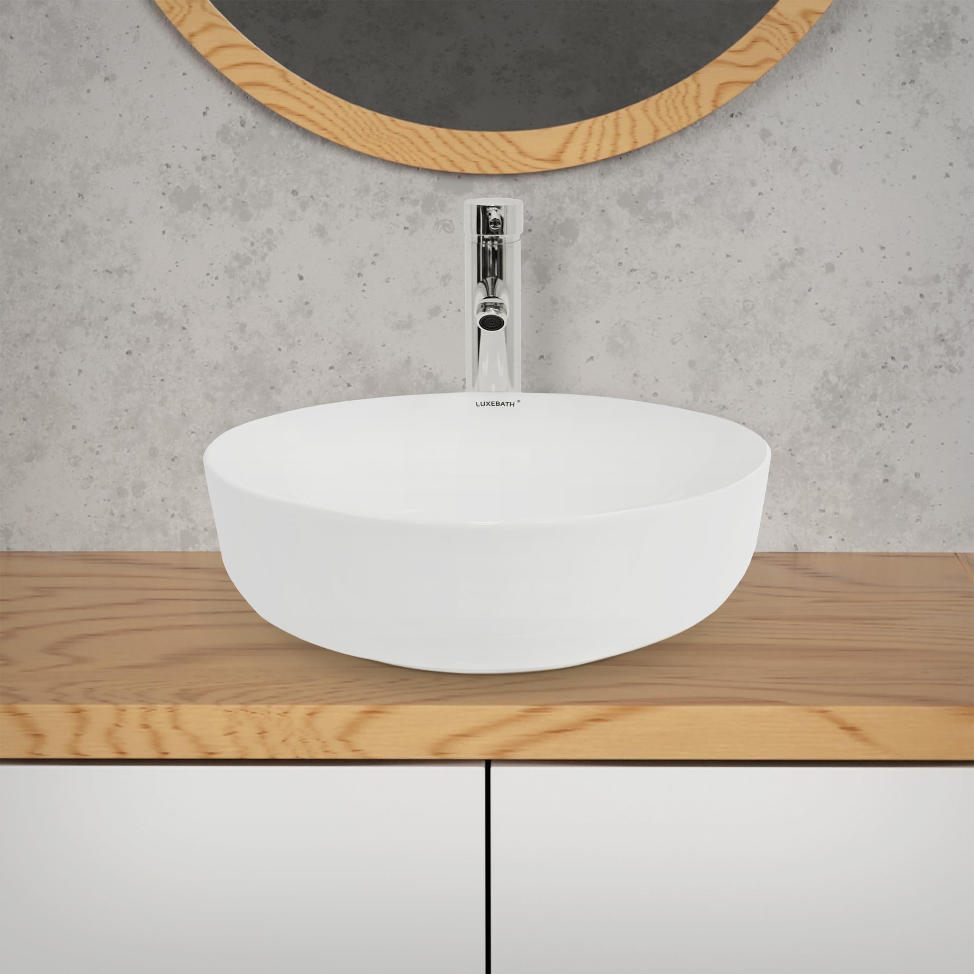 LuxeBath Lavabo Cerámico Blanco Redondo Ø 400 x 135 mm para Baño con Juego de Desagüe con Rebosadero Agujero de Conexión Estandar Lavamanos Sobre Encimera Diseño Moderno Fregadero Pila con Drenaje