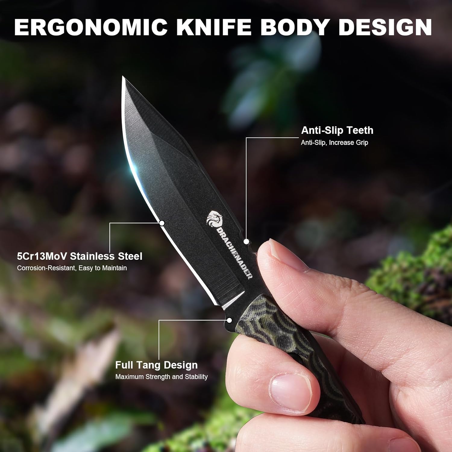 DRACHENADER 7.16" EDC Fixed Blade Knife with G10 Handle, Compact Neck Knife with 5Cr13MoV Steel Blade, Durable Kydex Sheath, and Horizontal Carry Option
