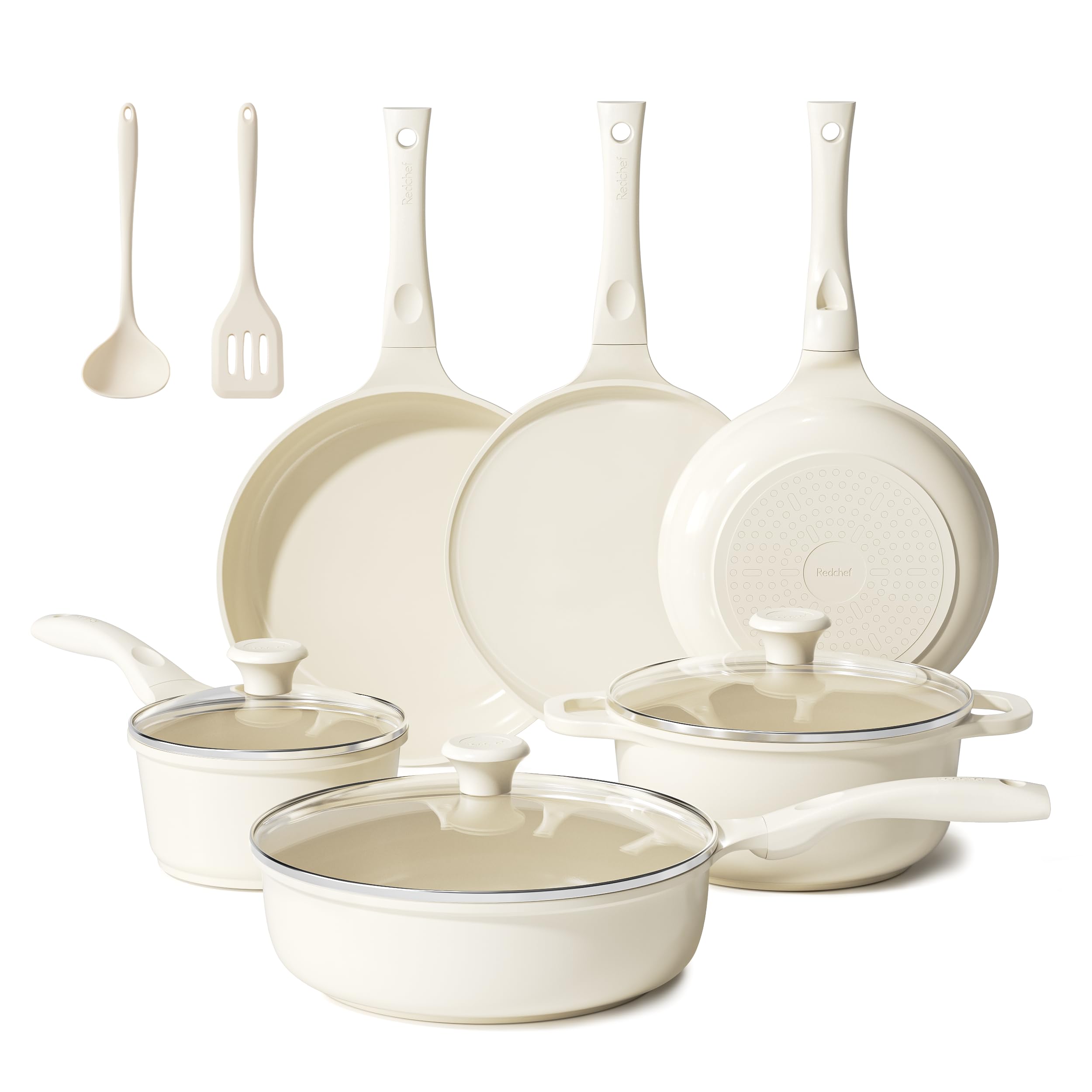 Redchef Set di 11 pentole in ceramica con coperchio in vetro - Senza PTFE - Senza PFAS - Adatto a tutti i tipi di piano cottura - Lavabile in lavastoviglie (beige)