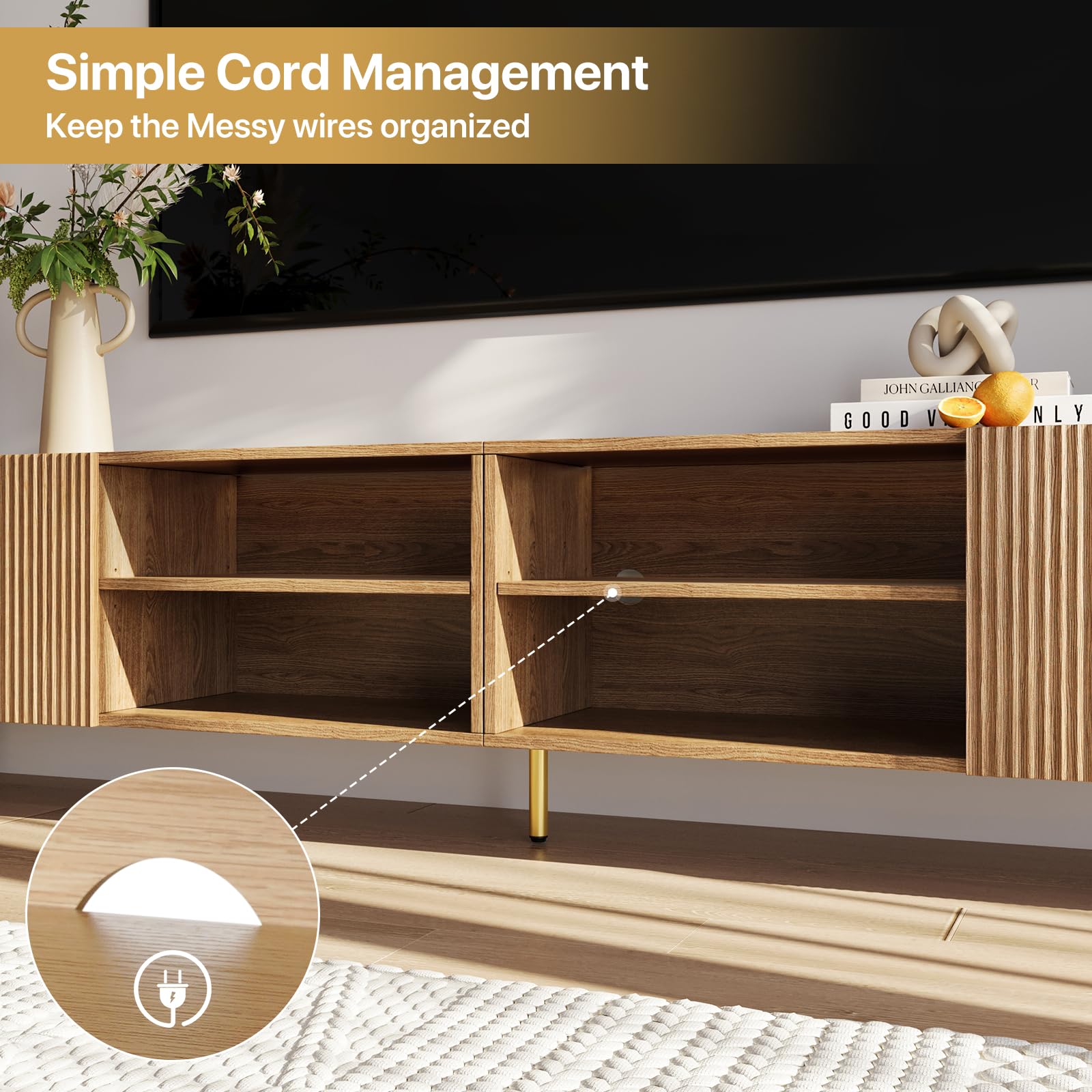 Modern 86in TV Stand for Living Room, Fluted Design Entertainment Center with Adjustable Shelves,Media TV Console Table with Storage for Bedroom,Nature