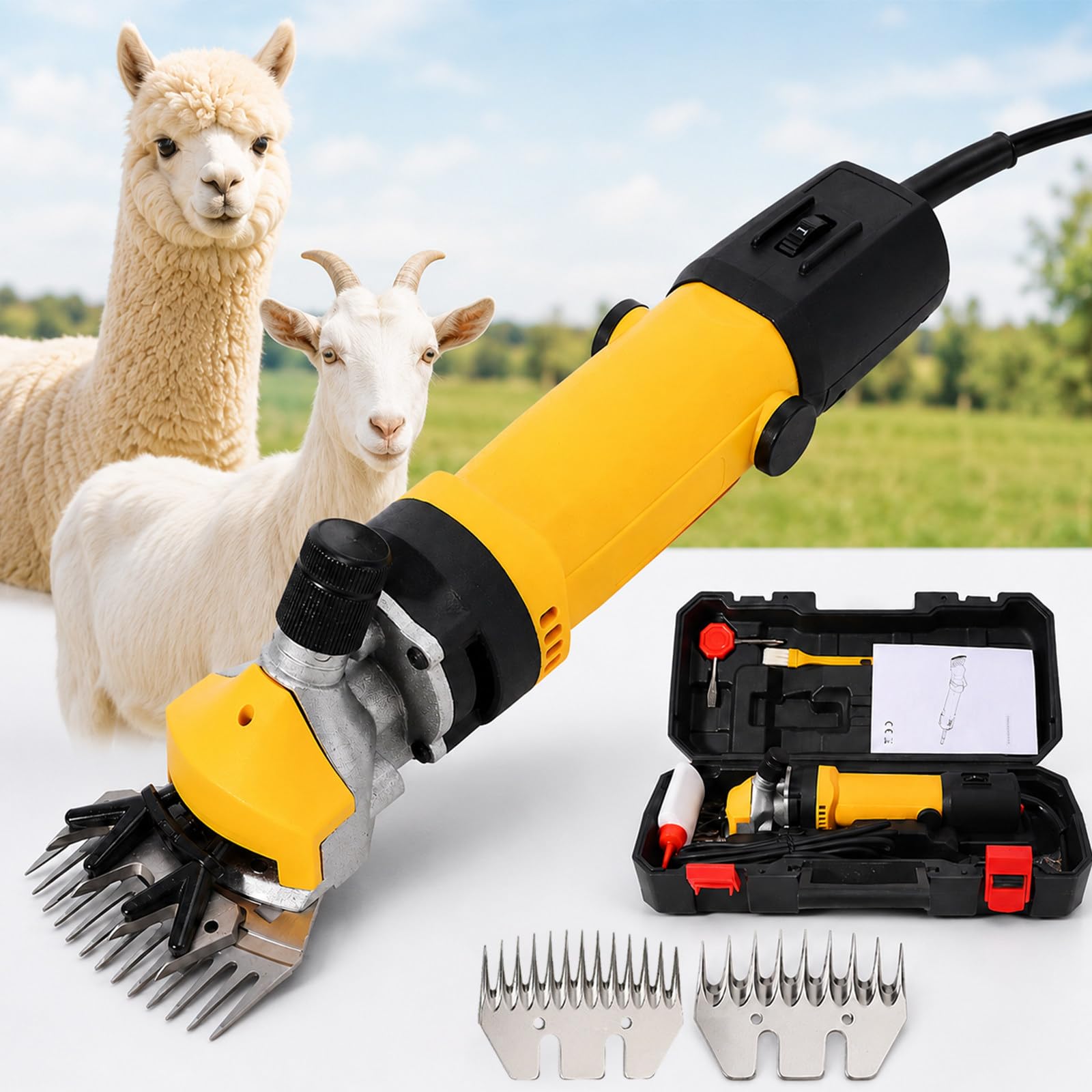 lilishangmao Professional Sheep Shearing Clippers 850W, Livestock Electric Clipper with 6-Speed Control, 2 Carbon Steel Blades for Farm, Ranch, Sheep And Goat Grooming, 0-3200rpm Yellow