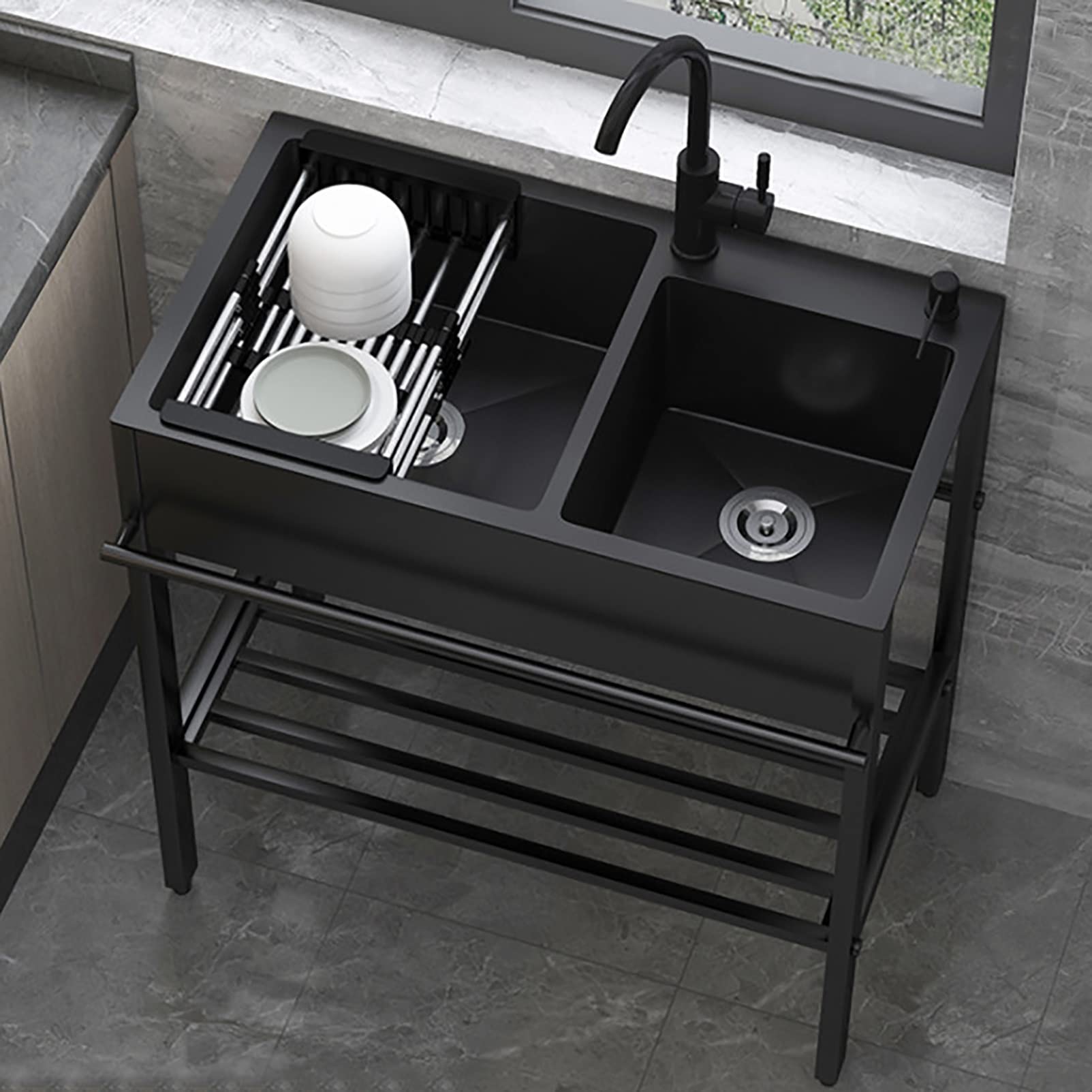 Évier de cuisine autoportant en acier inoxydable avec robinet