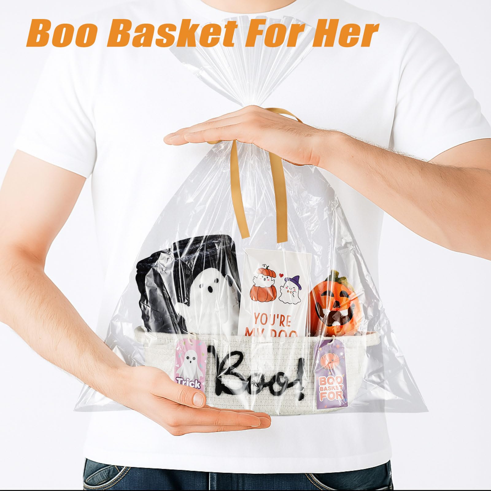 Reallnaive Halloween-Geschenkkorb-Set mit Griffen, inklusive gewebten Korb-Geschenktüten und Bändern, 1 Boo Dankeskarten mit weißem Umschlag für Halloween, Süßes oder Saures, Partyzubehör (Orange)