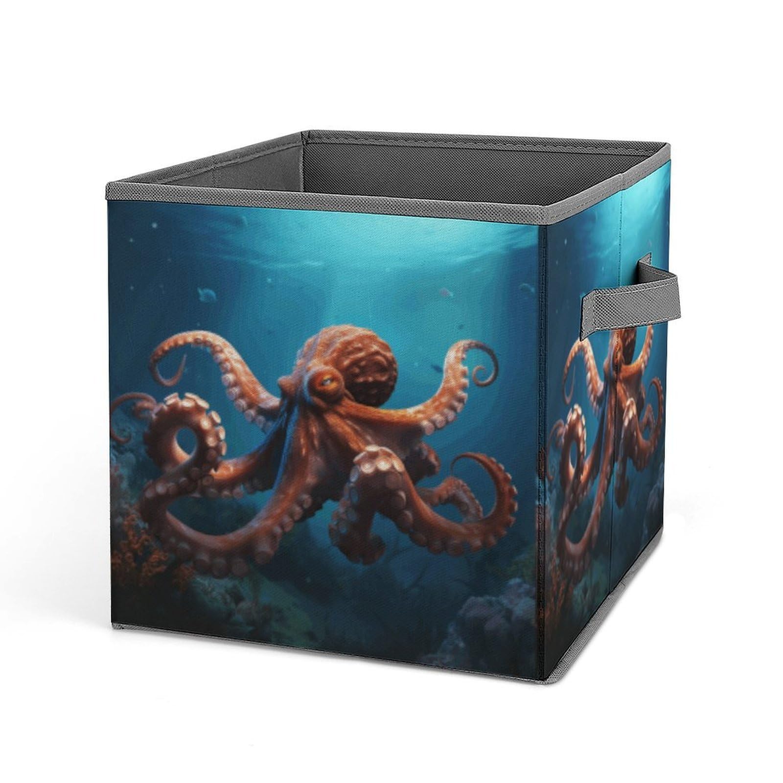 Ocean Animal Octopus Storage Baskets Collapsible, Exquisite Pattern Cube Box, Canvas Fabric Storage Bins with Handles, Clothe Organizer Box for Home Decorative Office Bedroom
