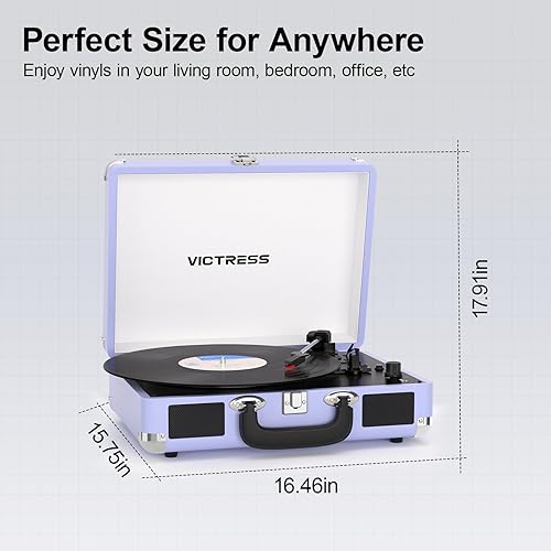 Miniatura 6 de Tocadiscos de maleta portátil Bluetooth con altavoces estéreo, tocadiscos de 3 velocidades, grabación USB a digital, conector RCAAUXpara