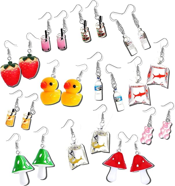 CASSIECA 12 Pairs Stainless Steel Ear Hook Resin Drop Earrings Cute Boba Duck Mushroom Kawaii Aesthetic Earrings for Women Girls Teens Jewelry Eardrop Cute Earrings Novelty Earrings Set