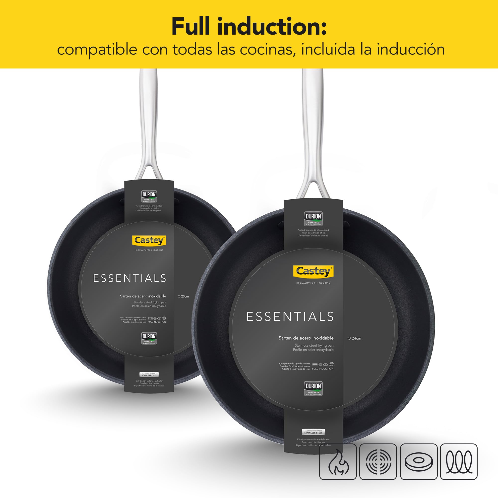 Castey - Juego de 3 Sartenes Inox Essentials, Modelo SET-EA3, Color Plata, Tamaño 18-22-26 cm, Acero inoxidable, Acabado Elegante, Resistente al desgaste, Apta para Todas las Cocinas, Antiadherente