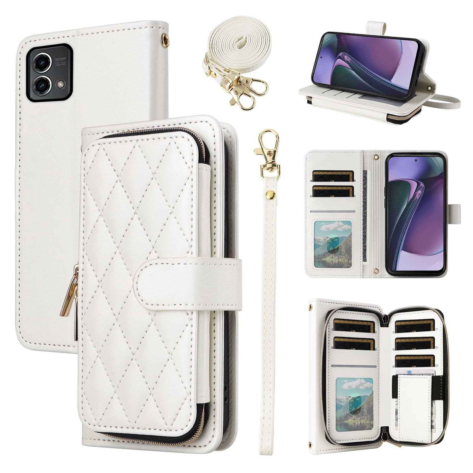 Furiet Argyle Wallet Case for Motorola Moto G Stylus 5G 2023 with Wrist Strap Shoulder Strap, 9+ Card Slots Zipper Purse, Luxury PU Leather Stand