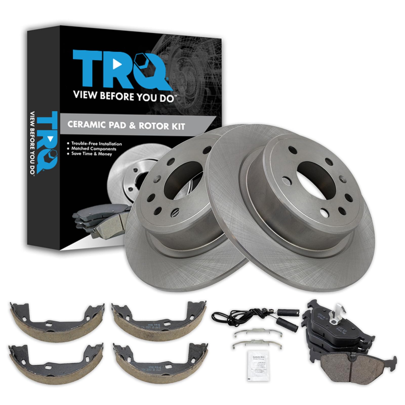 TRQ Rear Brake Pad and Rotor Set Ceramic Parking Shoe Compatible with 1999-2009 Saab 9-5
