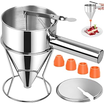 1200 ml Dough Scoop with Stand & Lid & 4 Replacement Nozzles Stainless Steel Pancake Dough Dispenser Multi-Caliber Cake Dispenser Kitchen Baking Funnel for Desserts Waffles Muffin Mix Cupcake