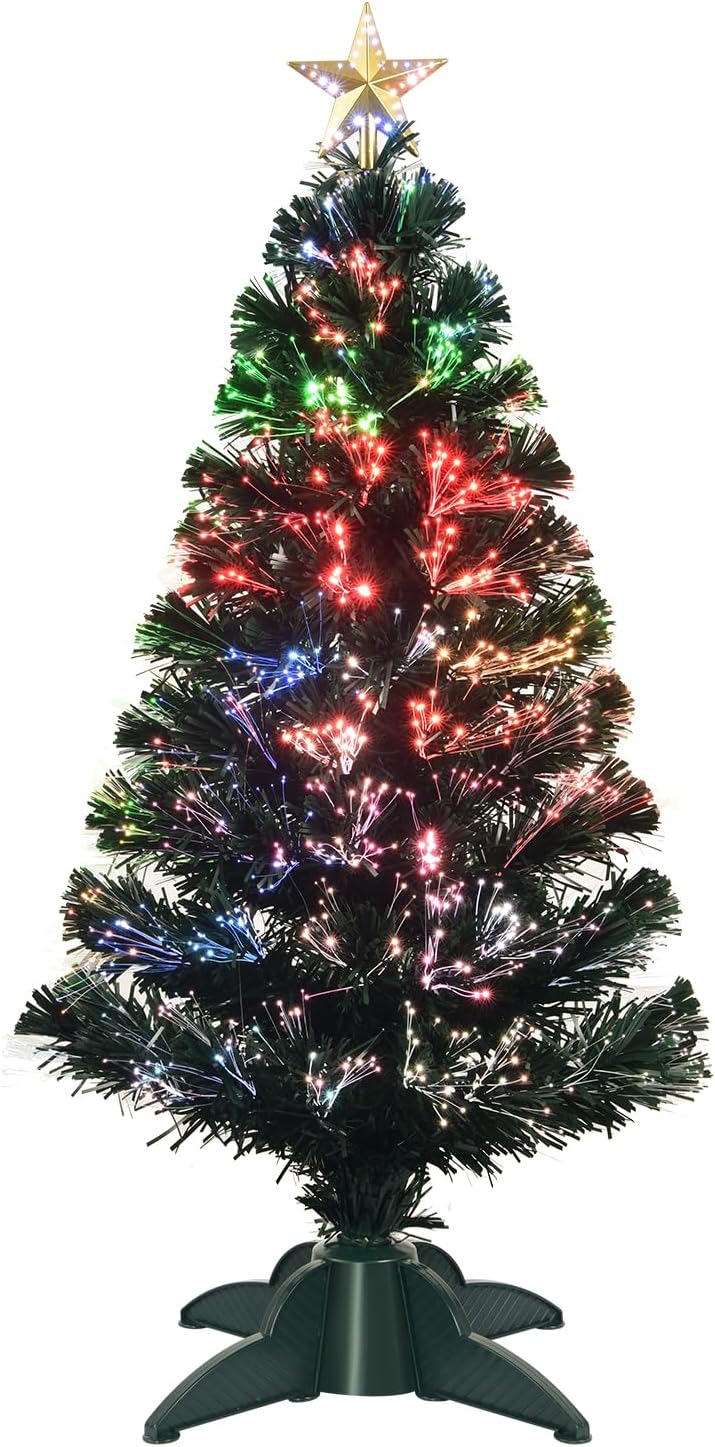 3ft Pre-Lit Fiber Optic Artificial Christmas Tree with Top Star, Multi-Color Lighting Tabletop Mini Christmas Tree with Sturdy Legs,Optical Fiber Xmas Tree for Home, Office, Party Decoration
