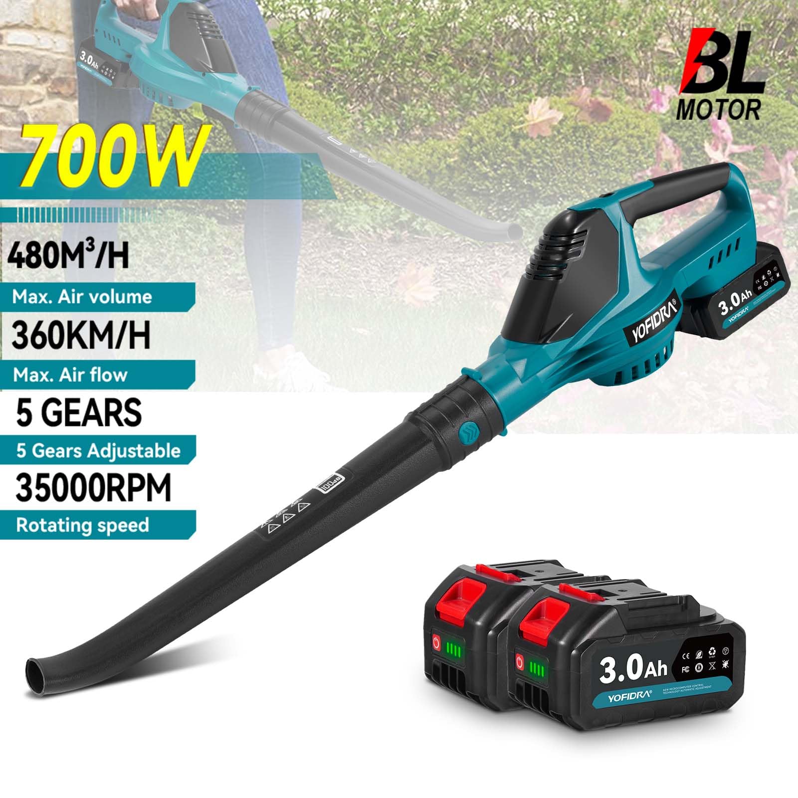 YOFIDRA Akumulatorowa dmuchawa do liści 360 km/h, 480 m³/h, silnik bezszczotkowy, 5-biegowa elektryczna dmuchawa do liści z 2 akumulatorami 3000 mAh, do liści do ogrodu, na patio i do samochodu