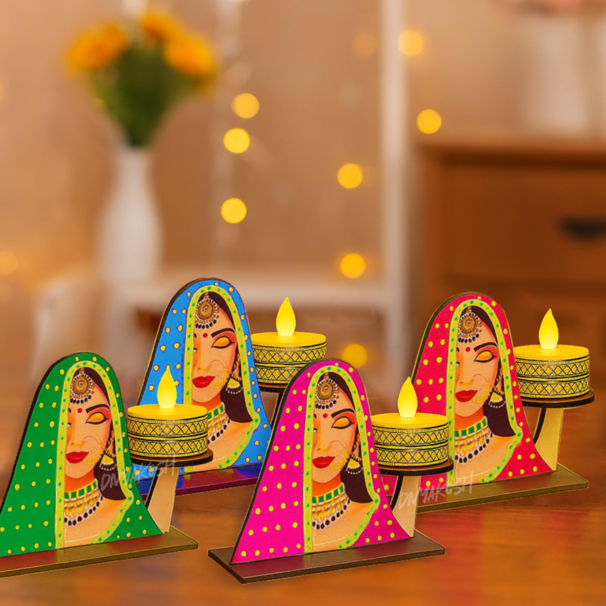 Divyakosh Traditional Rajasthani Lady Face Tea Light Candle Holder Set – Multicolor Wooden Decorative Diyas for Home, Festive Decor & Gifts (Set of 4)-image-43