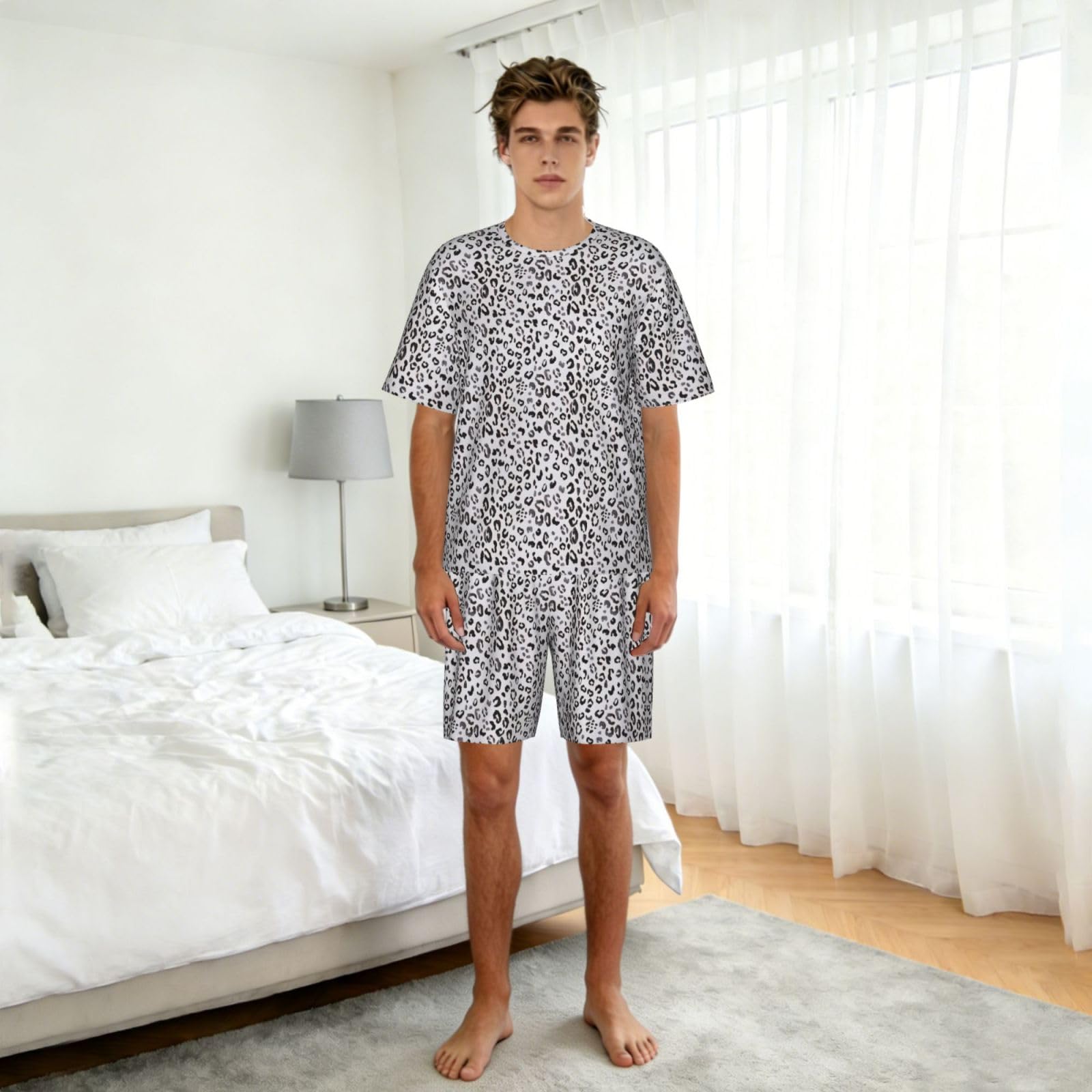Set pigiama da uomo con stampa leopardata, comodi pantaloncini da pigiama da uomo, perfetti per le notti estive