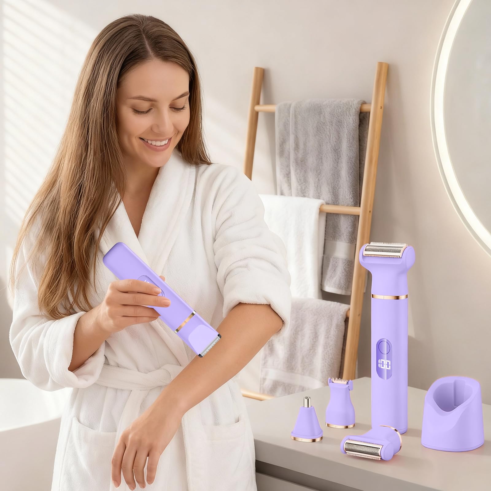 5-in-1 Elektrorasierer für Damen, Intimtrimmer, Bikini-Trimmer, Damenrasierer für Gesicht, Beine, Achseln und Schambereich, wasserdicht (Lila)