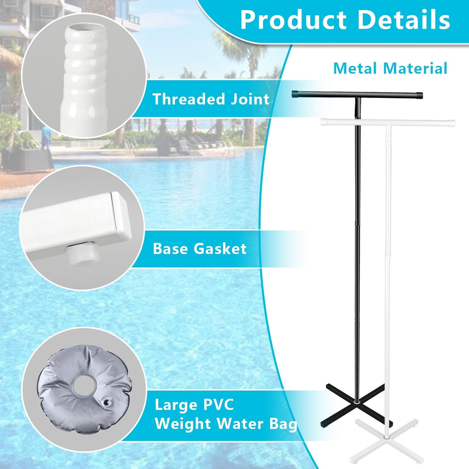 Tryly 2Pcs Pool Float Storage Rack, Metal Pool Float Holder with 2 Water Weight Bag, 50.4" x 15.7" Pool Float Storage Organizer for Beach Summer Swimming Tube Towel Goggle (White, Black)