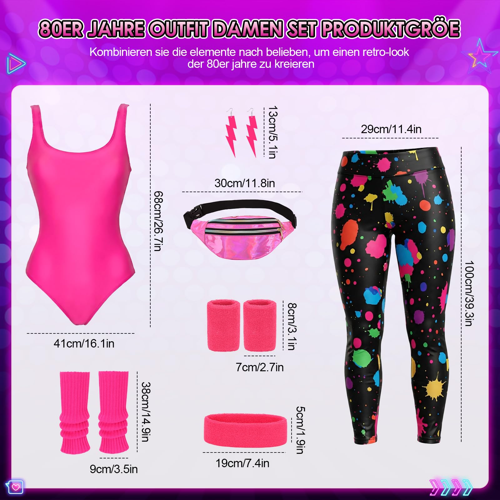 80er Jahre Outfit Damen Set 80er Jahre Kleidung Kostüm Mottoparty Retro Outfit 80er Jahre Workout Kostüm 80er Kleidung Accessoires 80 Aerobic Outfit Damen 80er Aerobic Kostüm 80 90er Sport Outfit, L