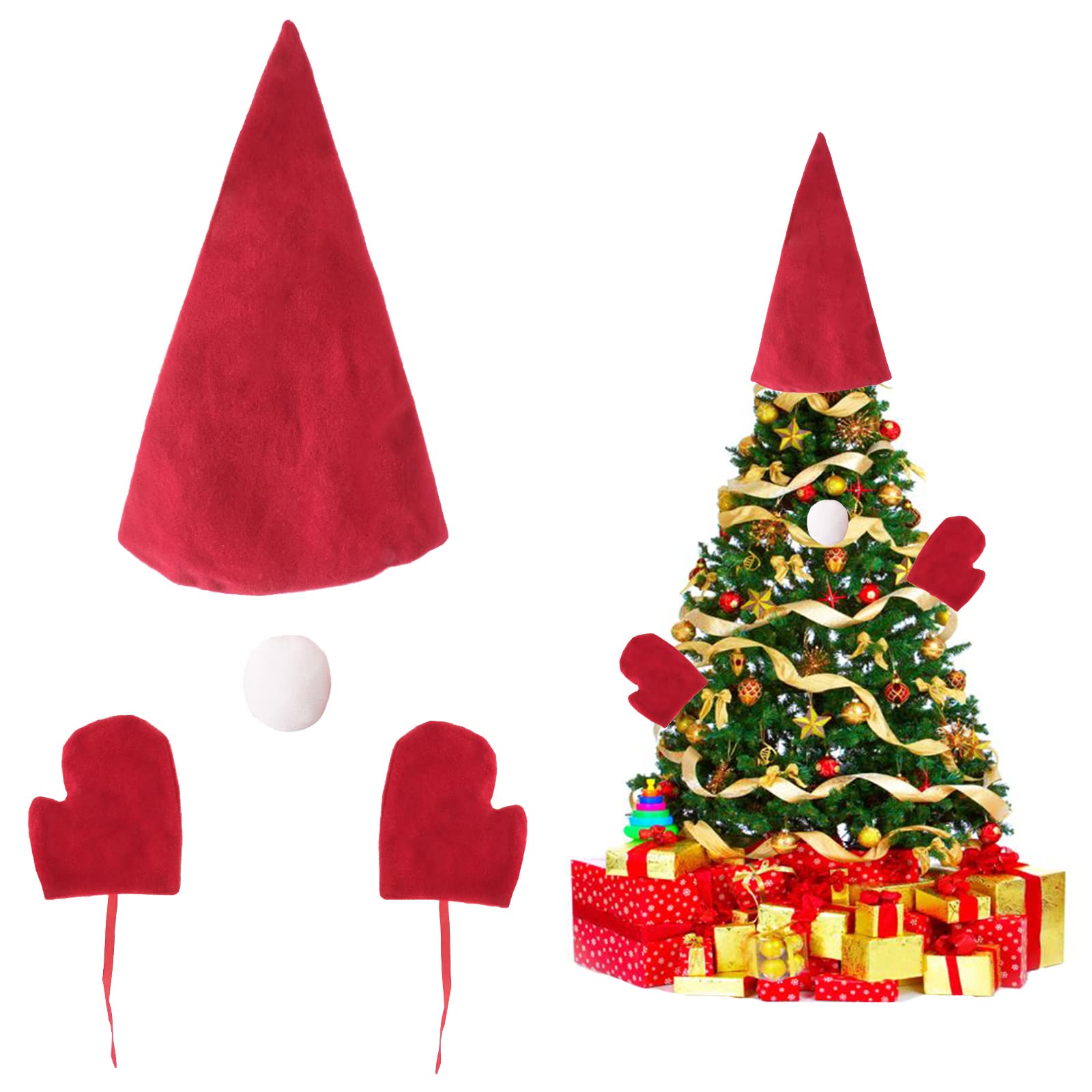 Christmas Tree Topper Santa Claus Hat Cap Gloves Nose Creative Tree Top Ornaments Decorations for Xmas Tree Garland Wreath Gift Crafts Craftings Holiday Festival New Year Home Party Decor Supplies