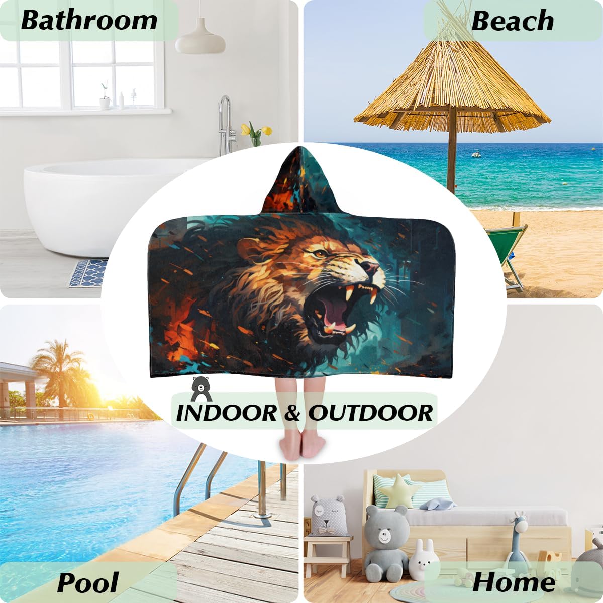 Pardick Kids Bath Towel Watercolor Lion Beach Towel with Hood Pool Cover Up for Girls Boys Soft Absorbent Hooded Bath Towel Toddler Towels for Beach, Pool
