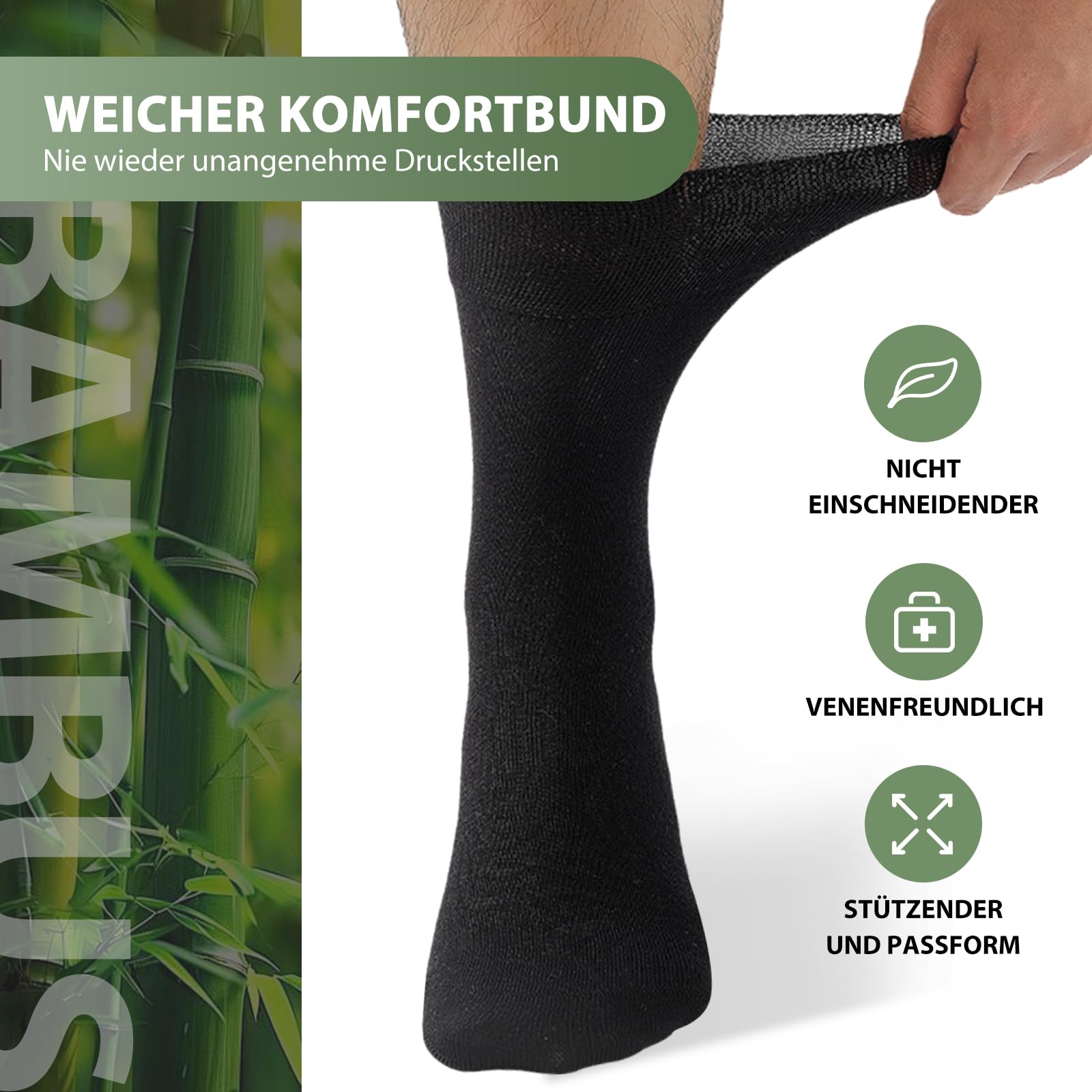 Bambus Diabetikersocken, 6 Paar Diabetiker Socken ohne Gummibund & ohne Naht, Bambussocken Gesundheitssocken mit Komfortbund für Herren & Damen - 3